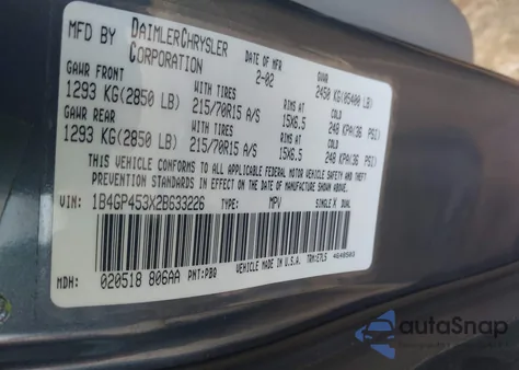 2002 Dodge Caravan Sport из США, поврежденный, VIN 1B4GP453X2B633226